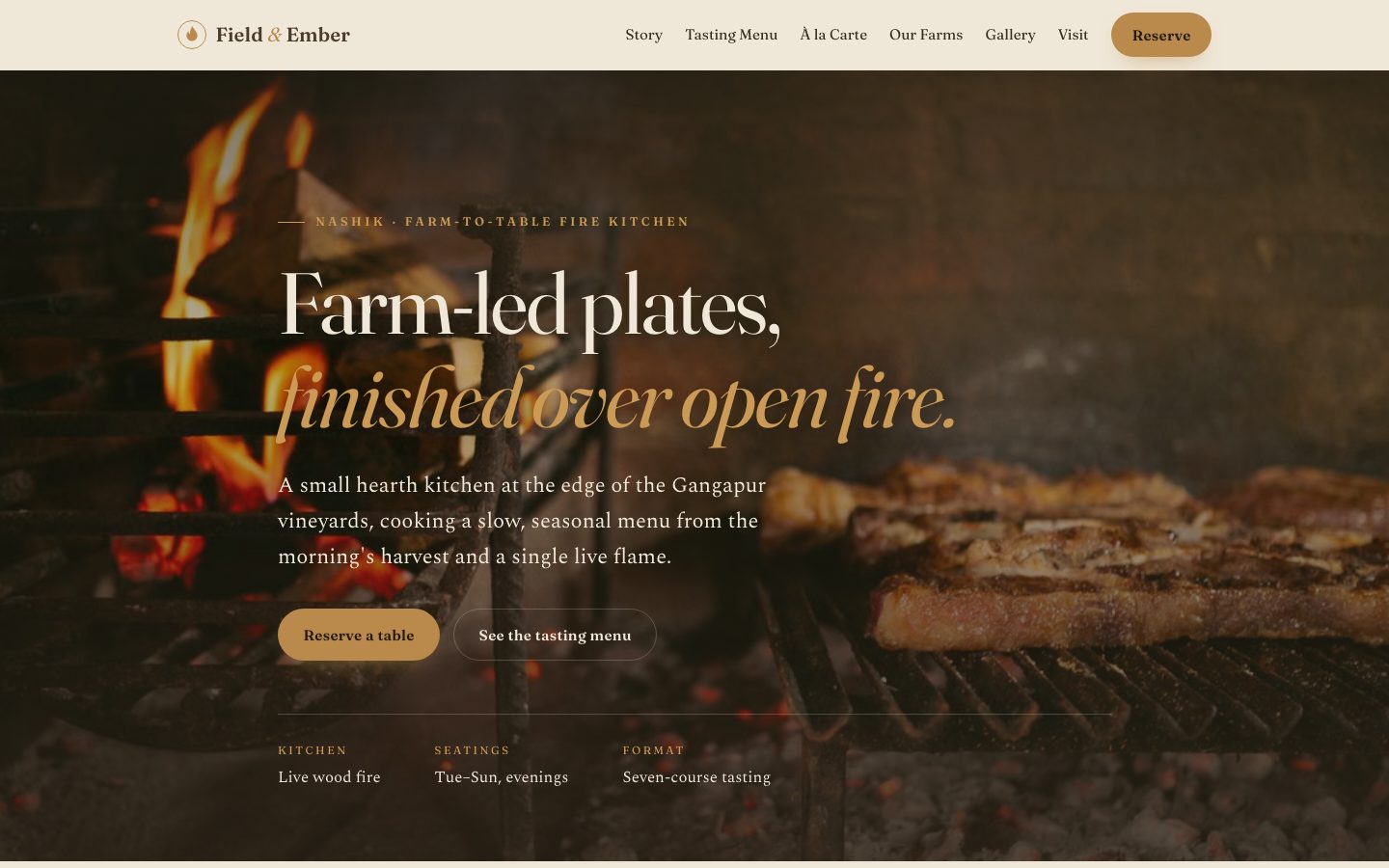 Home page of Field & Ember, a farm-to-table website built by The Pass Studio