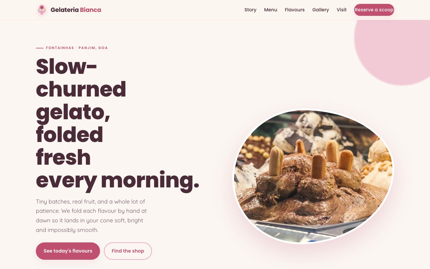 Home page of Gelateria Bianca, a gelato website built by The Pass Studio