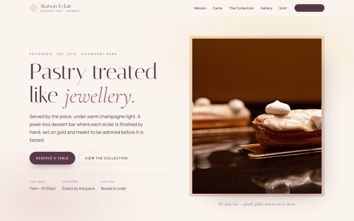 Home page of Maison Éclair, a dessert bar website built by The Pass Studio