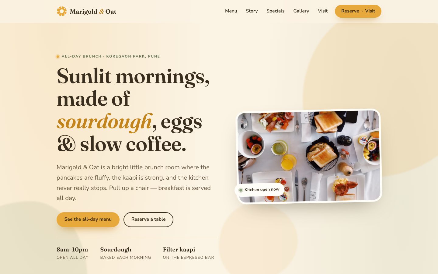Marigold & Oat — all-day brunch website built by The Pass Studio