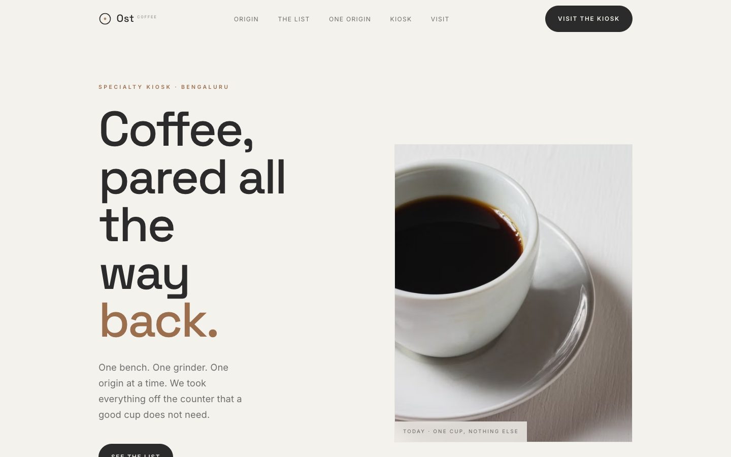 Home page of Ost Coffee, a coffee kiosk website built by The Pass Studio