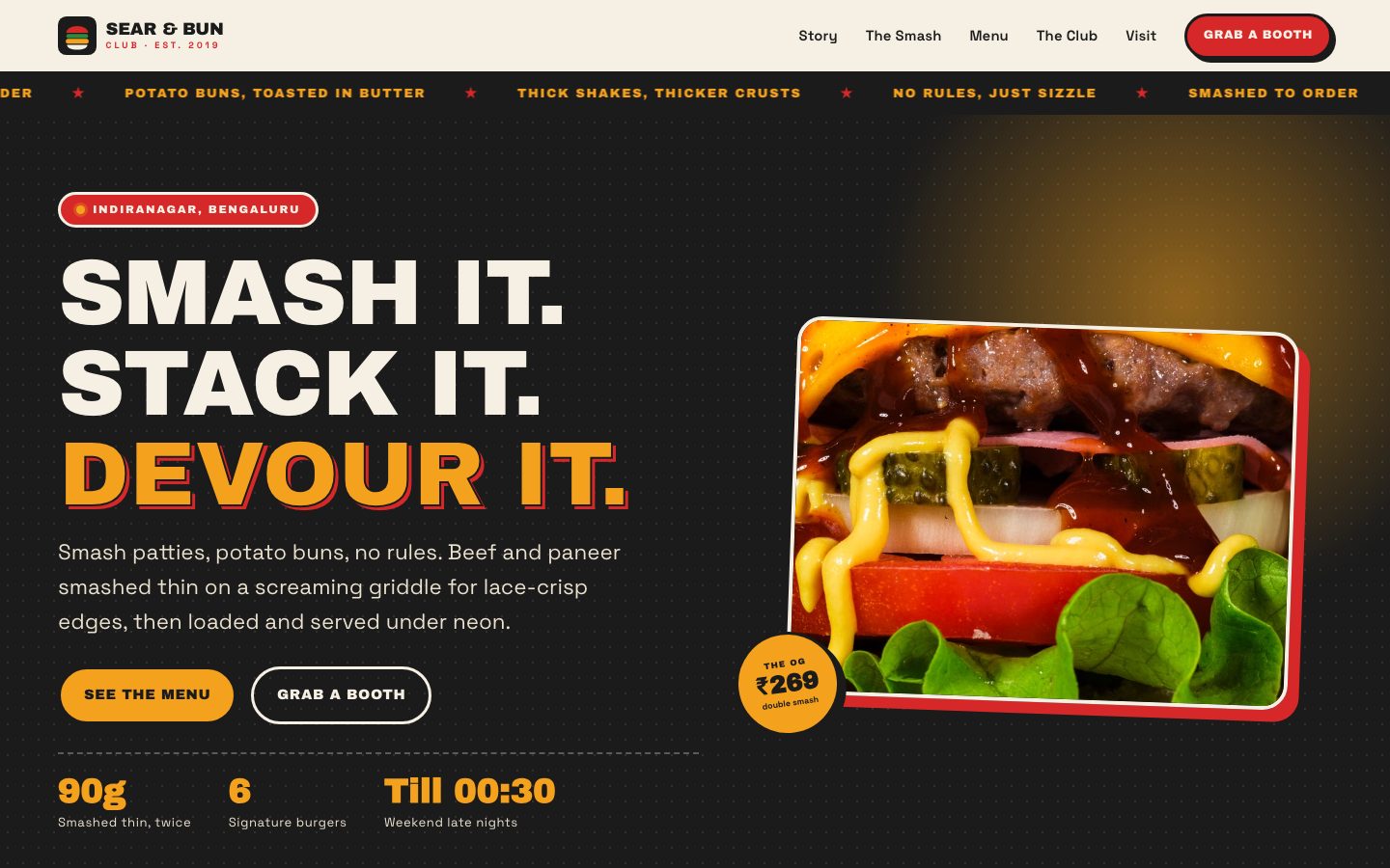 Home page of Sear & Bun Club, a burger joint website built by The Pass Studio