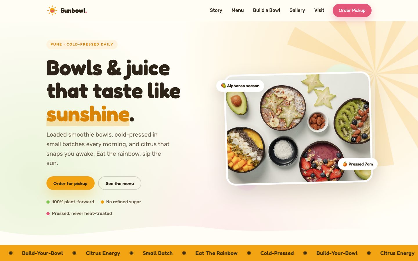 Home page of Sunbowl Kitchen, a juice & bowls website built by The Pass Studio