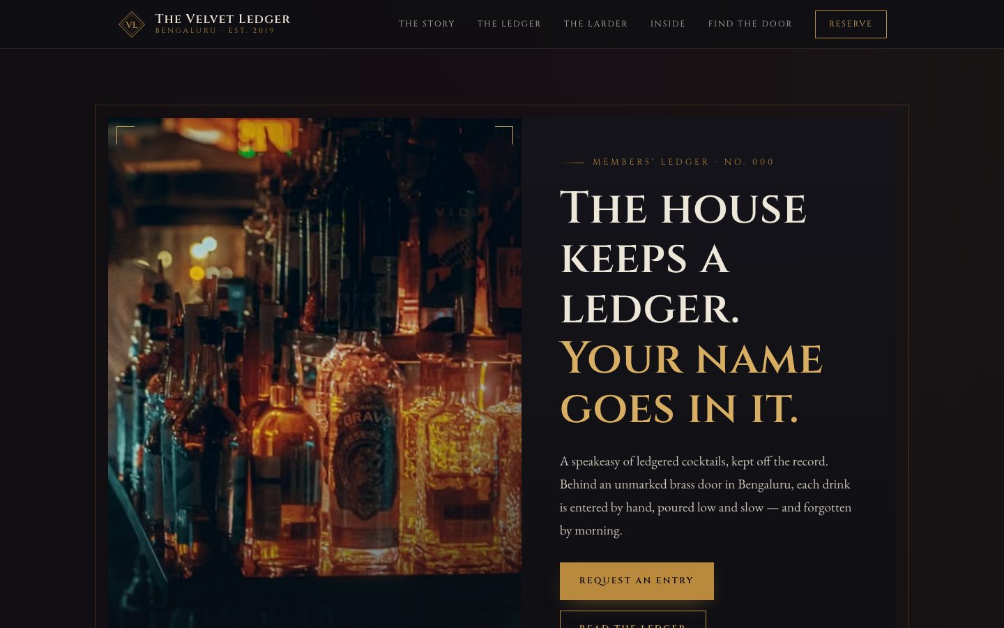Home page of The Velvet Ledger, a cocktail bar website built by The Pass Studio