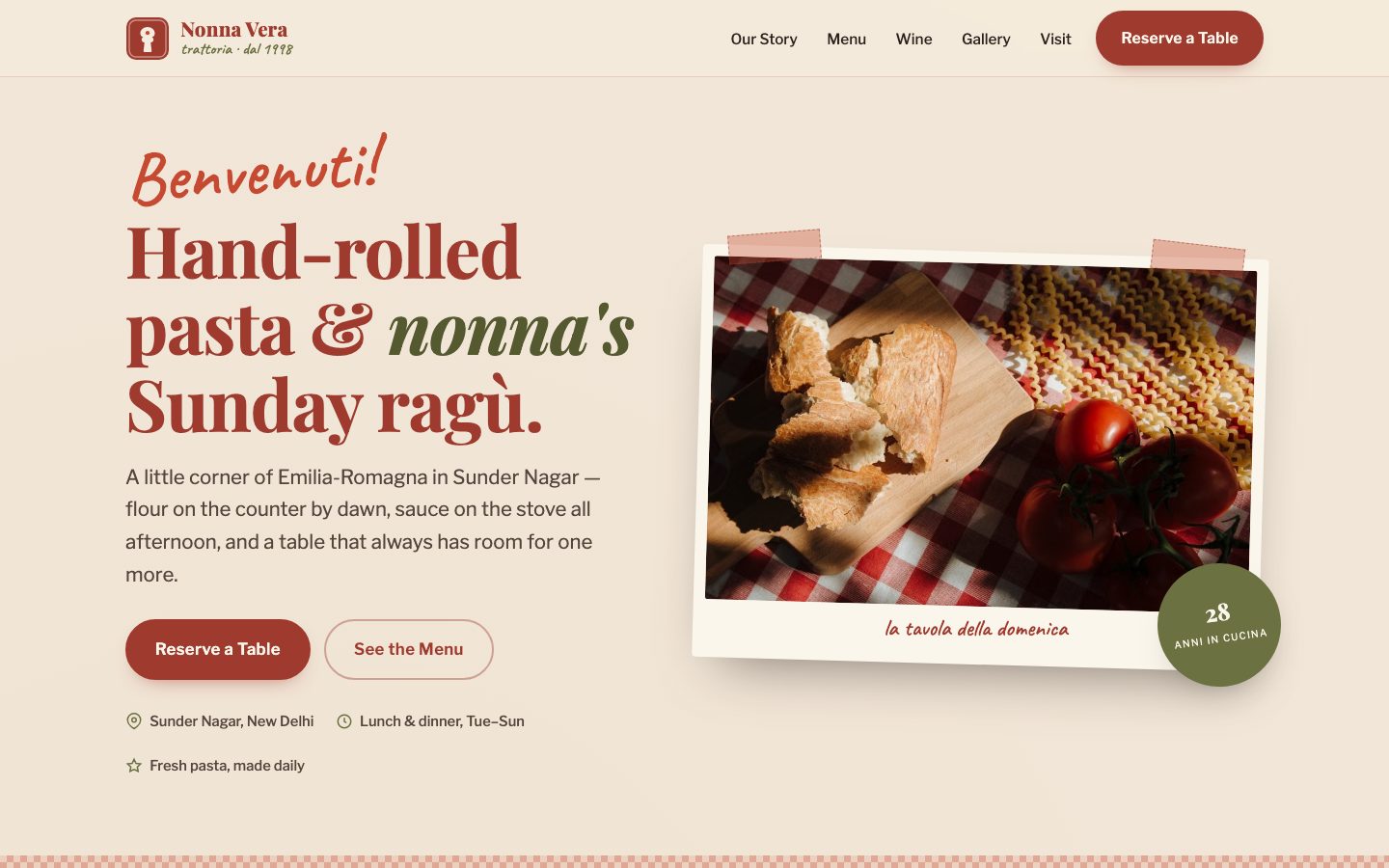 Home page of Trattoria Nonna Vera, a italian trattoria website built by The Pass Studio