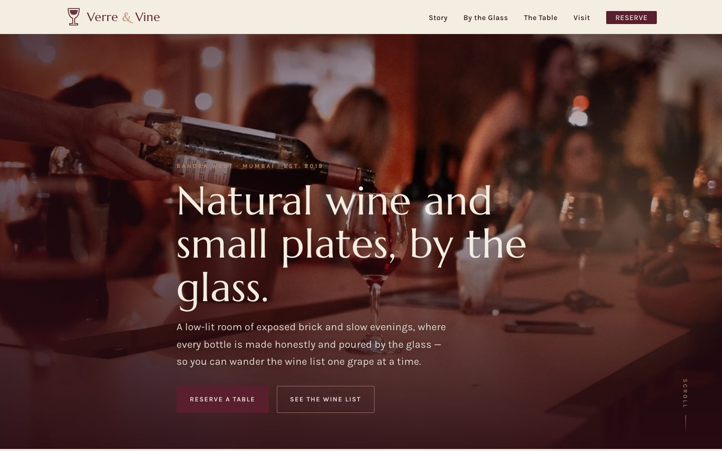Home page of Verre & Vine, a wine bar website built by The Pass Studio