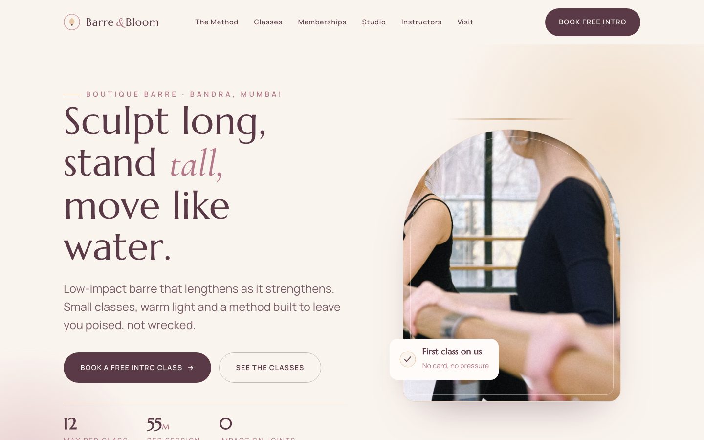 Home page of Barre & Bloom, a barre studio website built by The Rep Studio