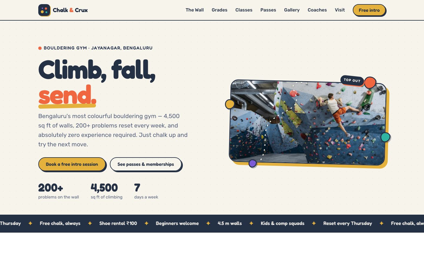 Home page of Chalk & Crux, a climbing gym website built by The Rep Studio