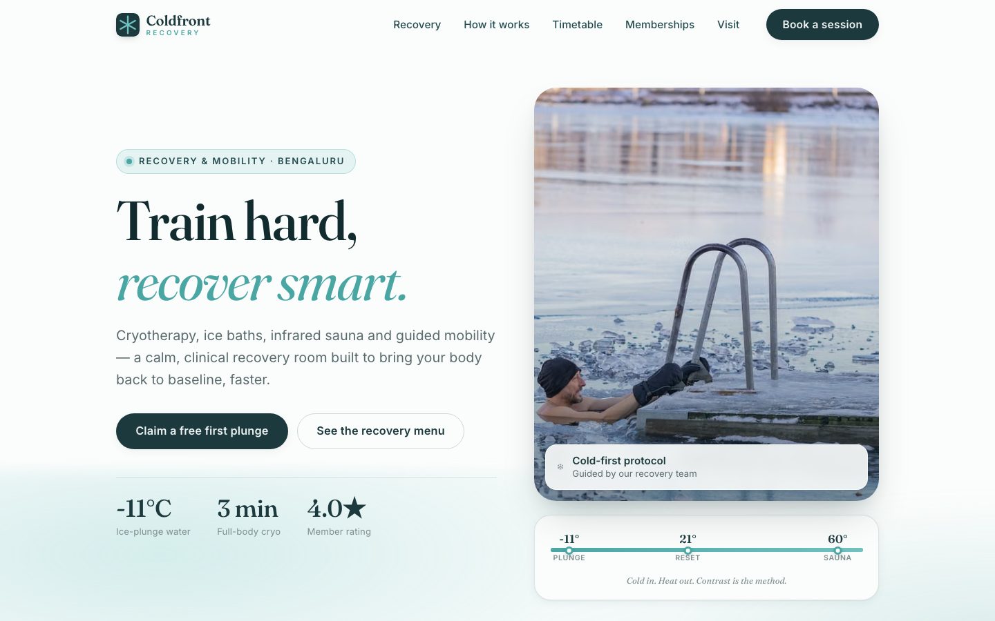 Home page of Coldfront Recovery, a recovery & mobility website built by The Rep Studio