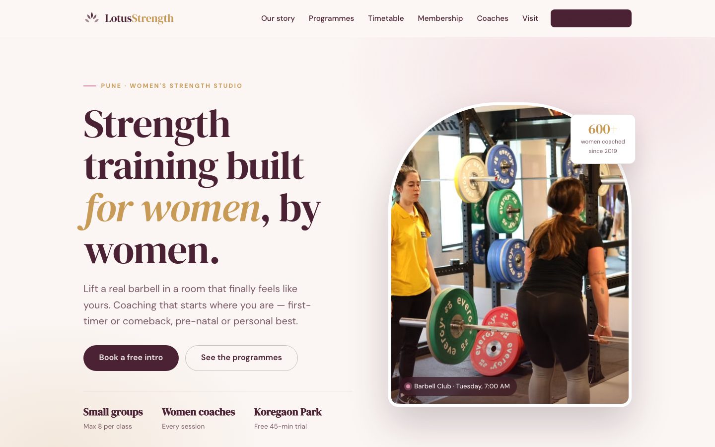 Home page of Lotus Strength, a women's strength website built by The Rep Studio