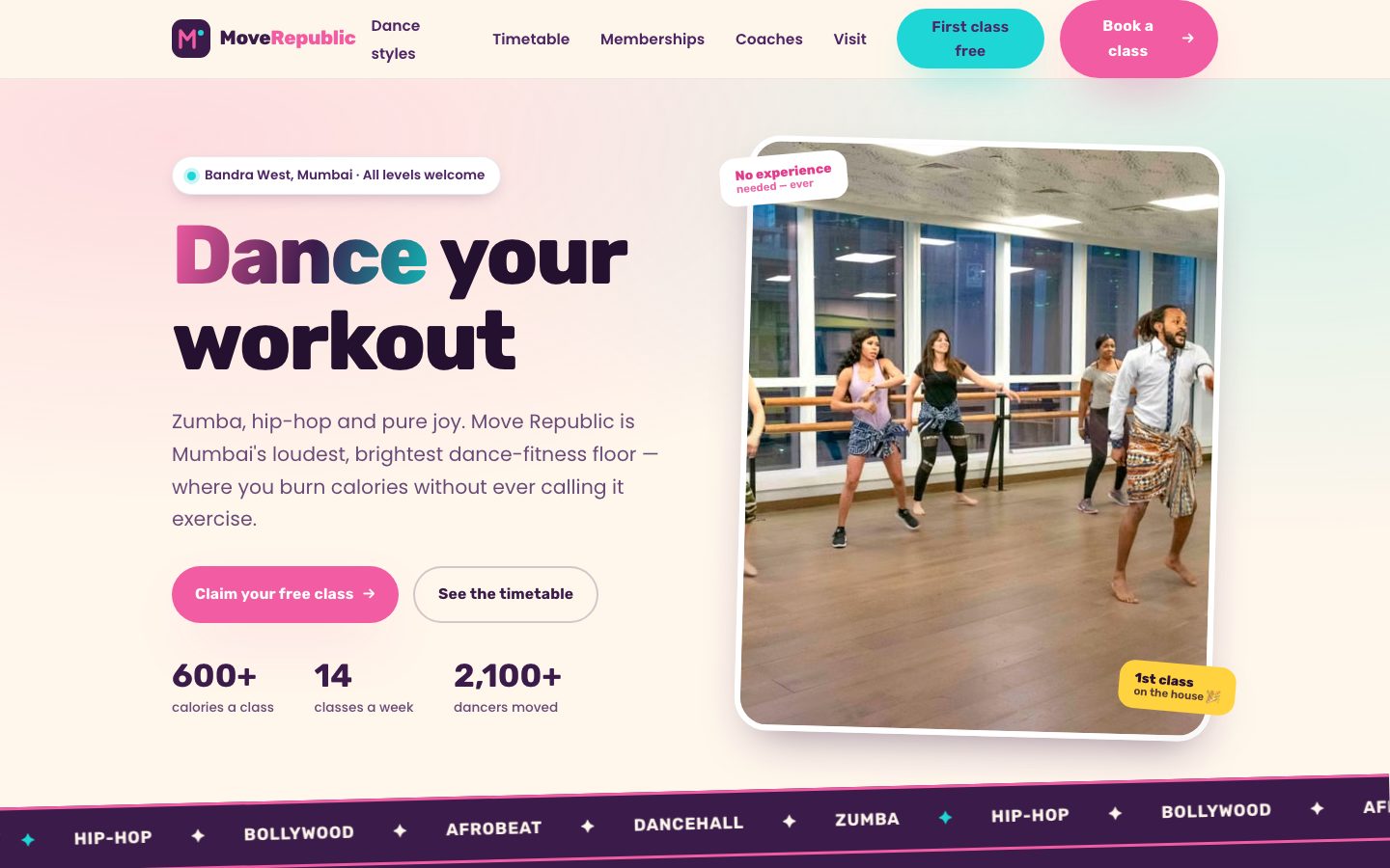 Home page of Move Republic, a dance fitness website built by The Rep Studio