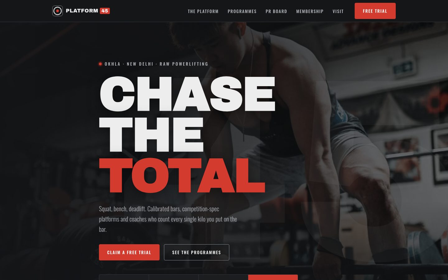 Home page of Platform 45, a powerlifting gym website built by The Rep Studio