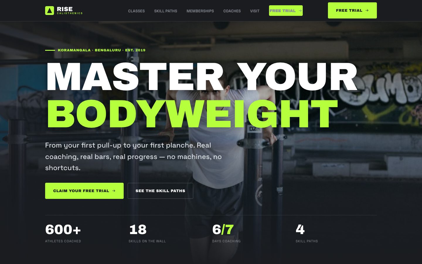 Home page of Rise Calisthenics, a calisthenics gym website built by The Rep Studio
