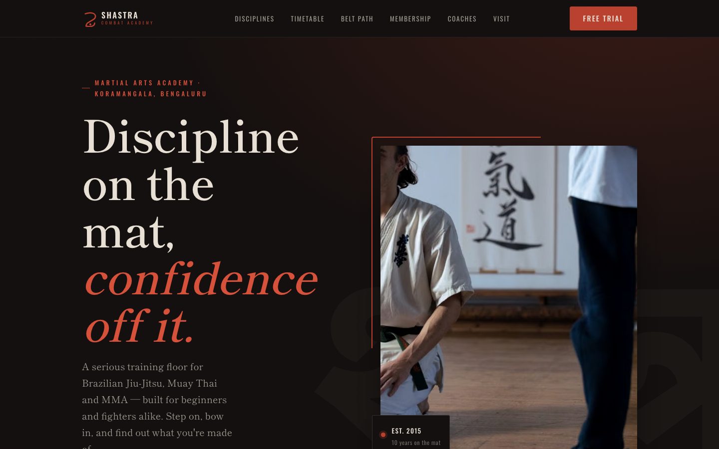 Home page of Shastra Combat Academy, a martial arts academy website built by The Rep Studio