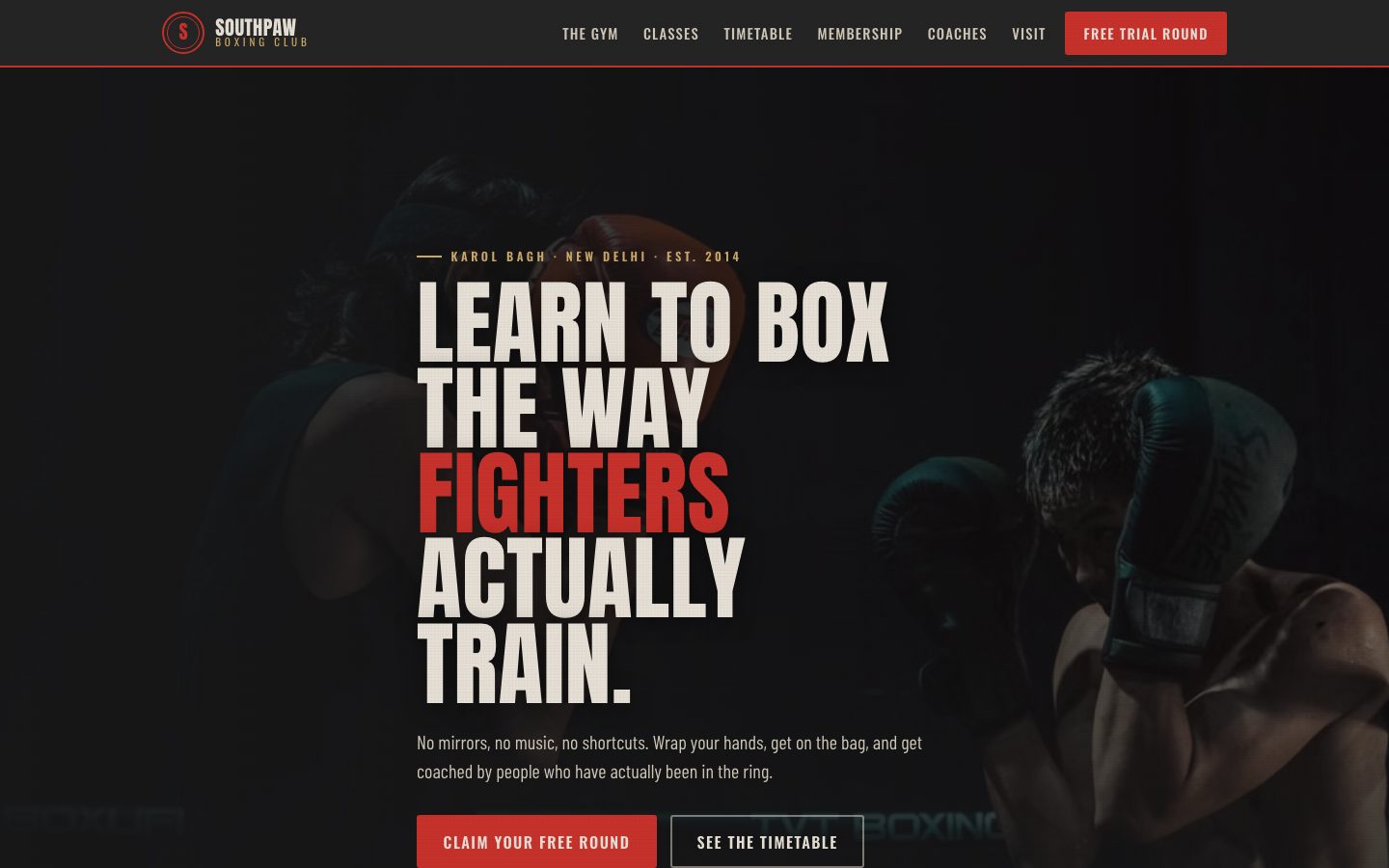 Home page of Southpaw Boxing Club, a boxing gym website built by The Rep Studio
