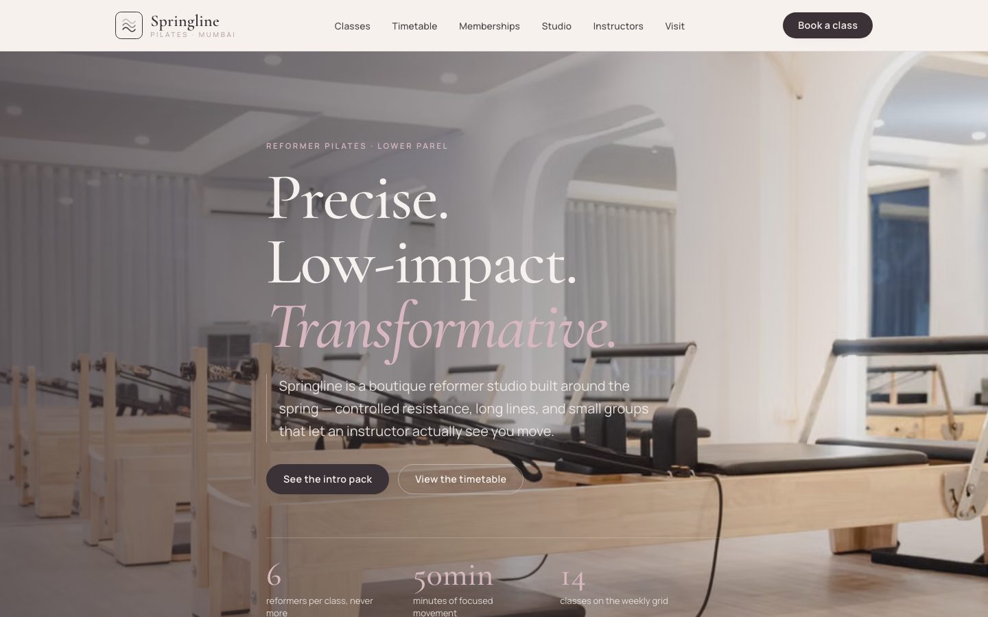 Home page of Springline Pilates, a pilates studio website built by The Rep Studio