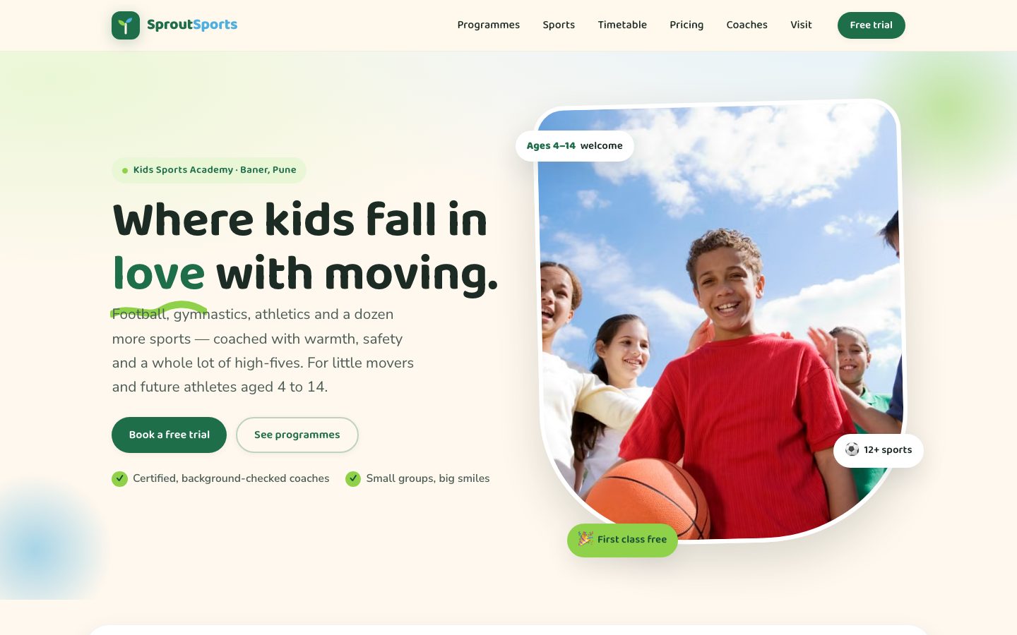 Home page of Sprout Sports Academy, a kids sports academy website built by The Rep Studio