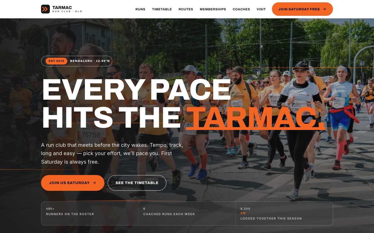 Home page of Tarmac Run Club, a run club website built by The Rep Studio