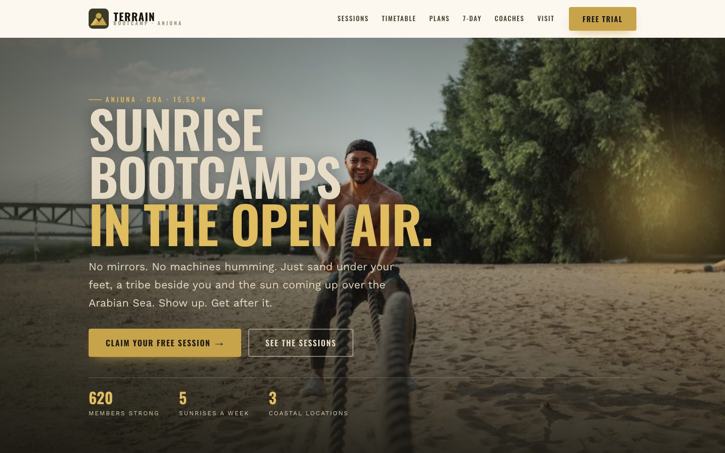Home page of Terrain Bootcamp, a outdoor bootcamp website built by The Rep Studio
