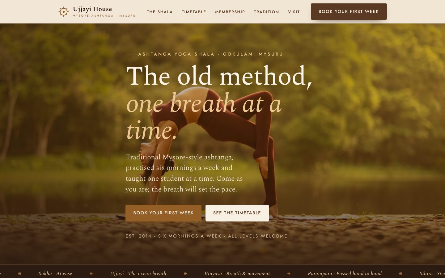 Home page of Ujjayi House, a ashtanga yoga shala website built by The Rep Studio