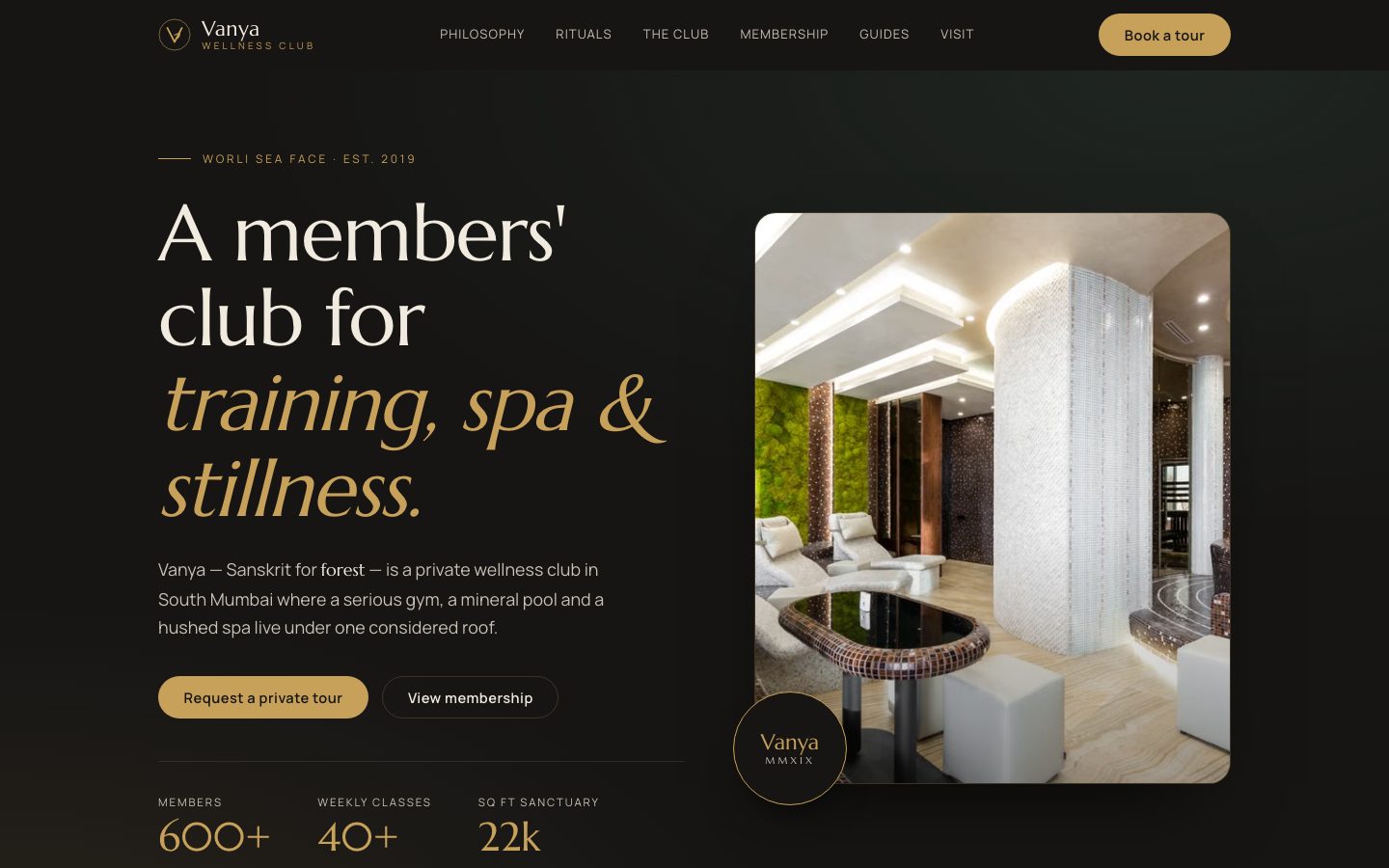 Home page of Vanya Wellness Club, a luxury wellness club website built by The Rep Studio