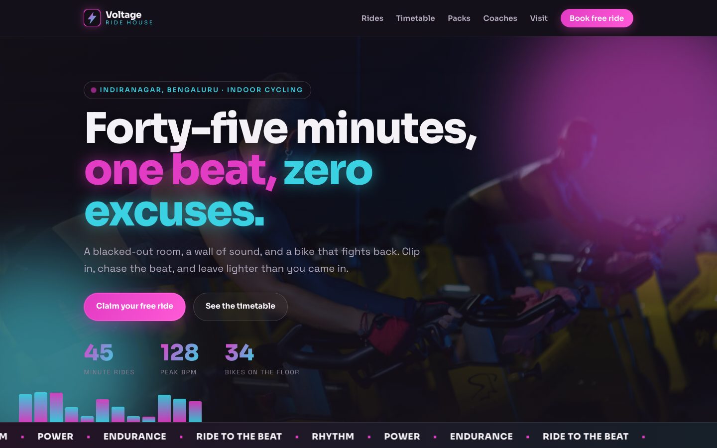 Home page of Voltage Ride House, a indoor cycling website built by The Rep Studio