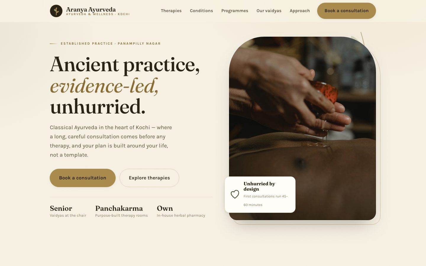 Home page of Aranya Ayurveda, a ayurveda & wellness website built by The Rounds Studio