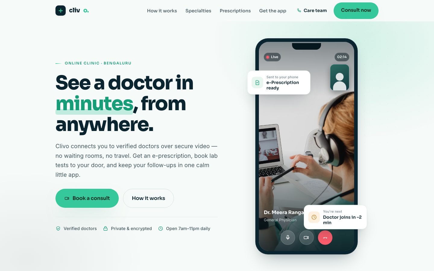 Home page of Clivo, a telehealth & online clinic website built by The Rounds Studio