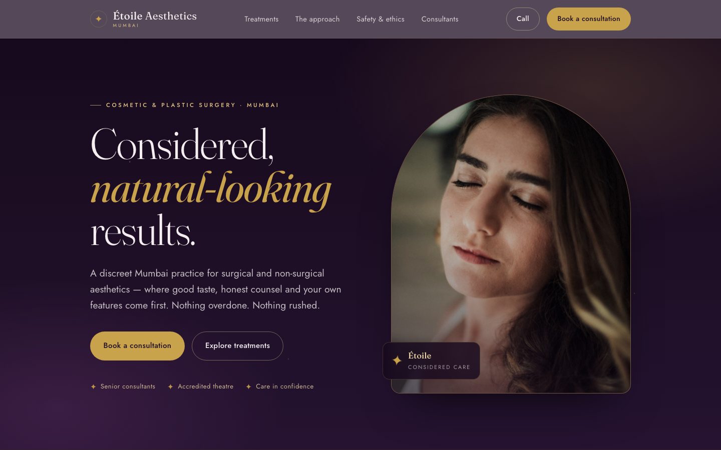 Home page of Étoile Aesthetics, a cosmetic & plastic surgery website built by The Rounds Studio