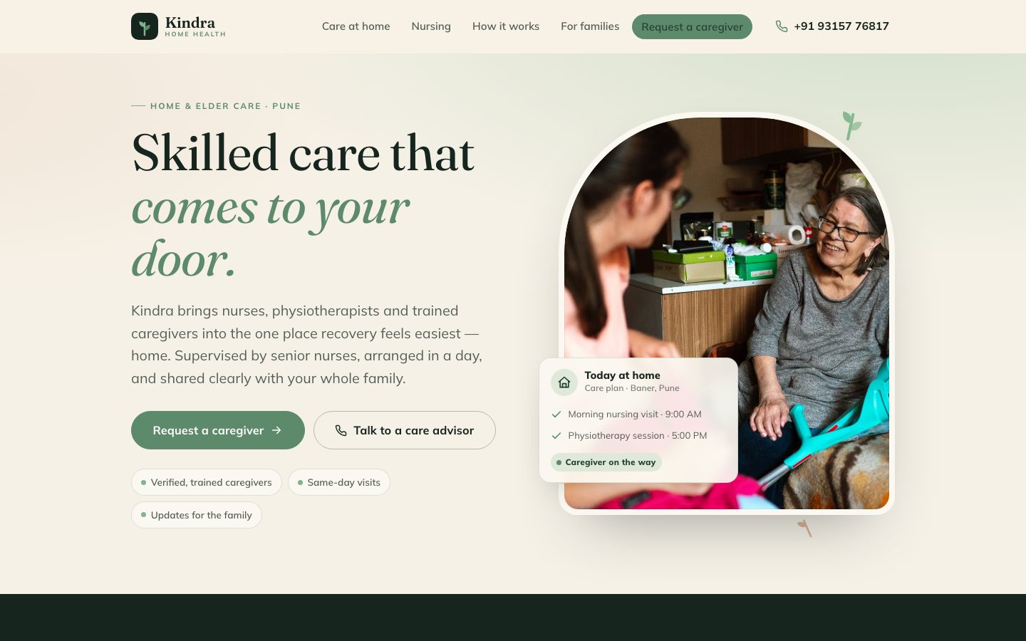 Home page of Kindra Home Health, a home & elder care website built by The Rounds Studio