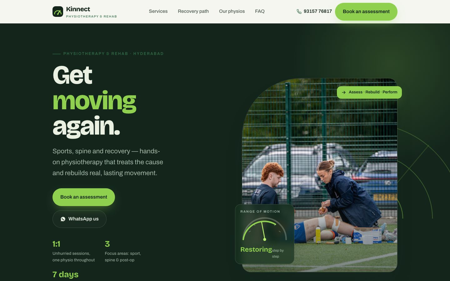 Home page of Kinnect Physiotherapy, a physiotherapy & rehab website built by The Rounds Studio