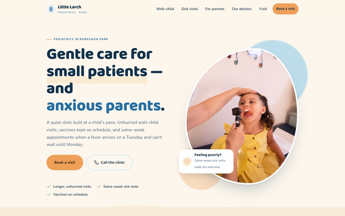 Home page of Little Larch Pediatrics, a pediatrics website built by The Rounds Studio
