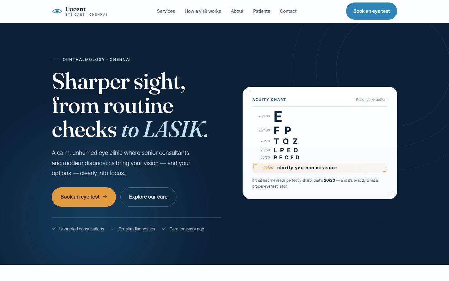 Home page of Lucent Eye Care, a ophthalmology website built by The Rounds Studio