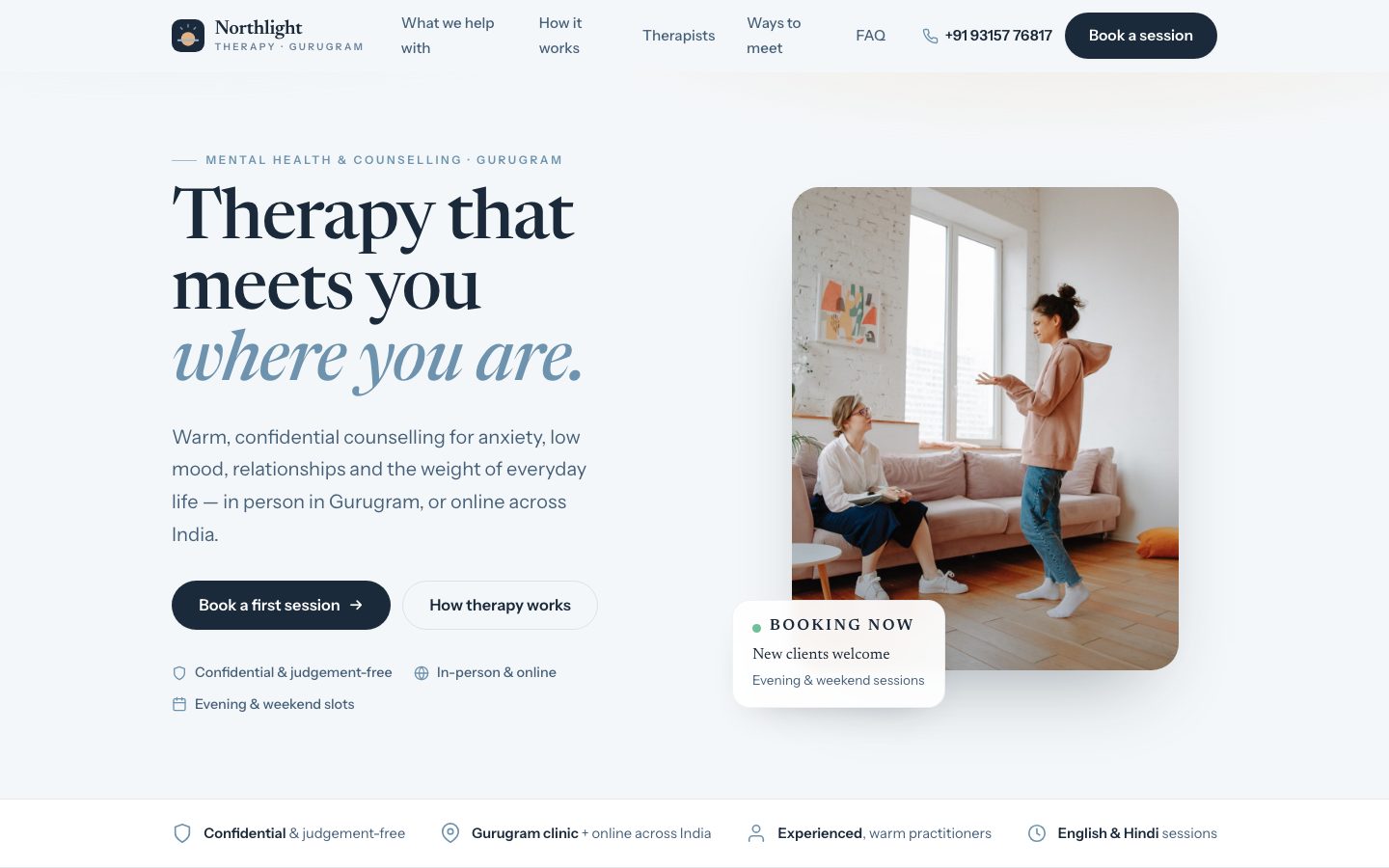 Home page of Northlight Therapy, a mental health & counselling website built by The Rounds Studio