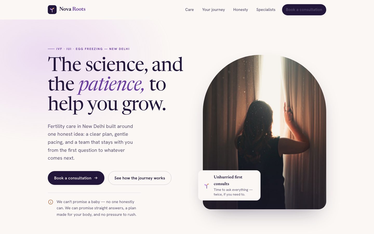 Home page of Nova Roots Fertility, a ivf & fertility website built by The Rounds Studio