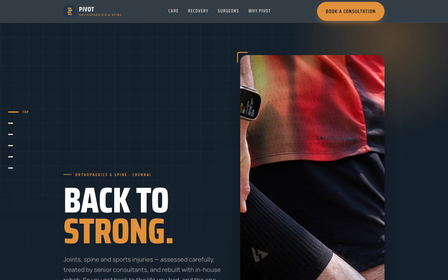 Home page of Pivot Orthopaedics, a orthopaedics & spine website built by The Rounds Studio
