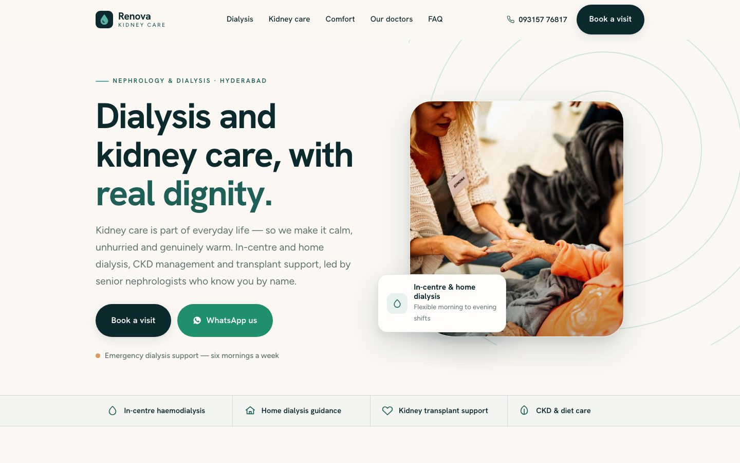 Home page of Renova Kidney Care, a nephrology & dialysis website built by The Rounds Studio
