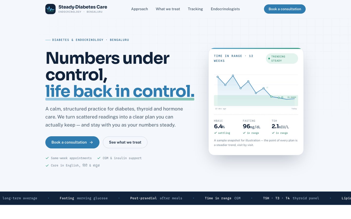 Home page of Steady Diabetes Care, a diabetes & endocrinology website built by The Rounds Studio
