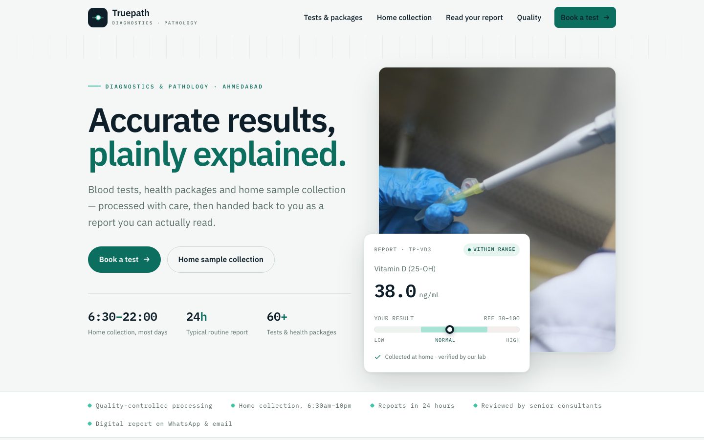 Home page of Truepath Diagnostics, a diagnostics & pathology website built by The Rounds Studio