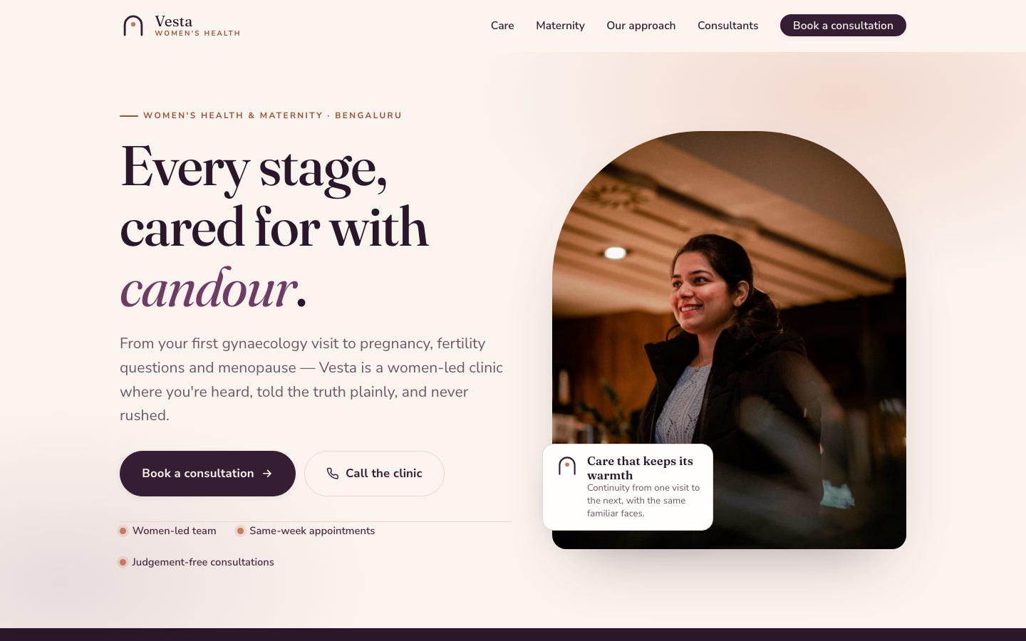 Home page of Vesta Women's Health, a women's health & maternity website built by The Rounds Studio