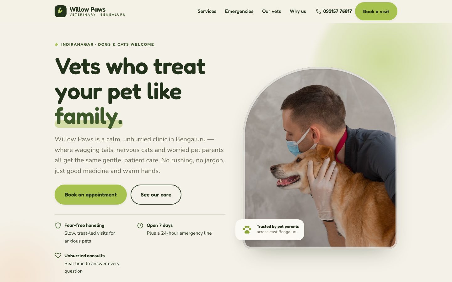 Home page of Willow Paws Veterinary, a veterinary & pet care website built by The Rounds Studio